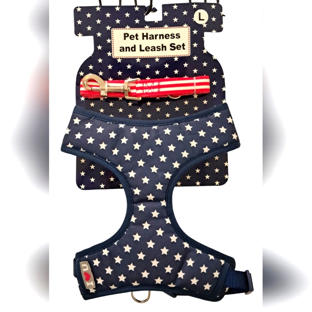 AMERICANA WHITE STARS ON NAVY PET HARNESS & RED & WHITE STRIPES 4' LEASH SET (L)